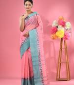 Salmon Pink Pure Cotton Tant Saree With Woven Designs Without Blouse