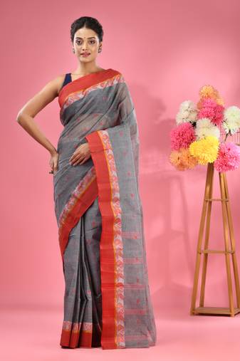 Grey Pure Cotton Tant Saree With Woven Designs Without Blouse