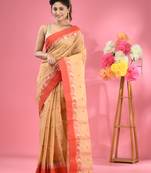 Beige Pure Cotton Tant Saree With Woven Designs Without Blouse