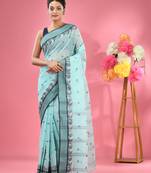 Ocean Green Pure Cotton Tant Saree With Woven Designs Without Blouse