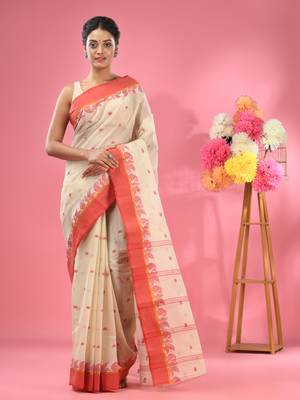 White Pure Cotton Tant Saree With Woven Designs Without Blouse 1