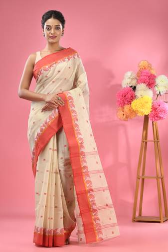 White Pure Cotton Tant Saree With Woven Designs Without Blouse