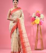 White Pure Cotton Tant Saree With Woven Designs Without Blouse