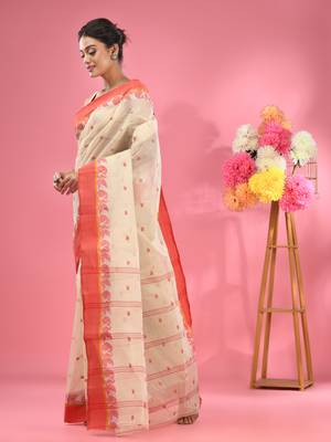White Pure Cotton Tant Saree With Woven Designs Without Blouse 2