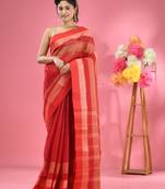 Red Pure Cotton Tant Saree With Temple Border Without Blouse