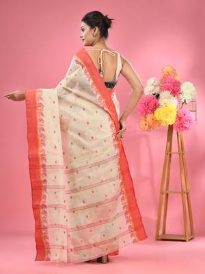 White Pure Cotton Tant Saree With Woven Designs Without Blouse 3