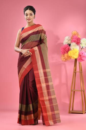 Maroon Pure Cotton Tant Saree With Temple Border Without Blouse