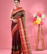Maroon Pure Cotton Tant Saree With Temple Border Without Blouse