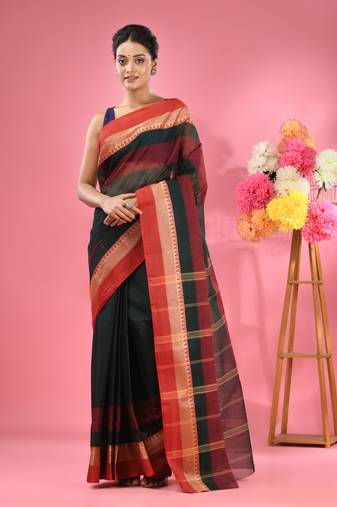 Emerald Green Pure Cotton Tant Saree With Temple Border Without Blouse