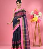 Blue Pure Cotton Tant Saree With Temple Border Without Blouse