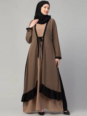 Double layer abaya dress with frilled bottom and attached shrug for women and girls 1