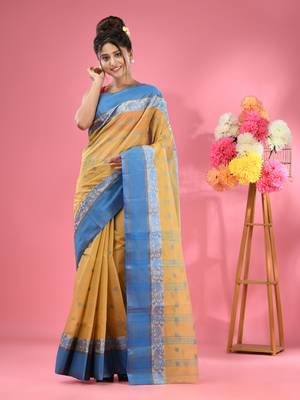 Light Beige Pure Cotton Tant Saree With Woven Designs Without Blouse 1