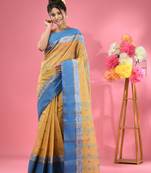 Light Beige Pure Cotton Tant Saree With Woven Designs Without Blouse
