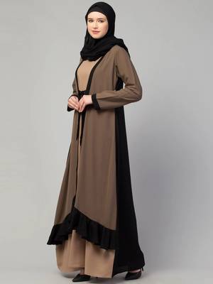 Double layer abaya dress with frilled bottom and attached shrug for women and girls 3
