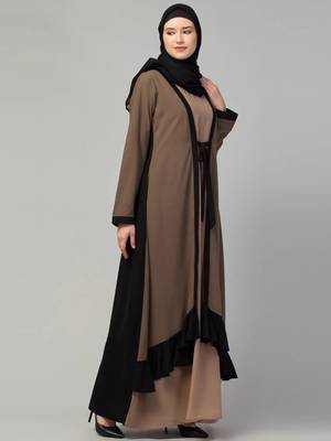 Double layer abaya dress with frilled bottom and attached shrug for women and girls 4