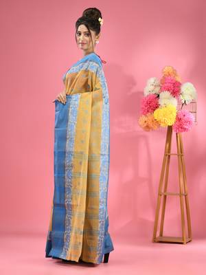 Light Beige Pure Cotton Tant Saree With Woven Designs Without Blouse 2