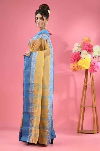 Light Beige Pure Cotton Tant Saree With Woven Designs Without Blouse