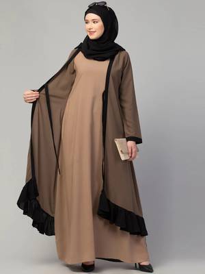 Double layer abaya dress with frilled bottom and attached shrug for women and girls 5