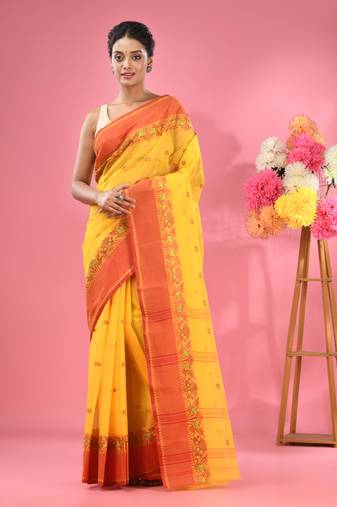 Bright Yellow Pure Cotton Tant Saree With Woven Designs Without Blouse