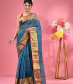 Olympic Blue Pure Cotton Tant Saree With Zari Border Without Blouse