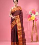 Dark Red Pure Cotton Tant Saree With Zari Border Without Blouse