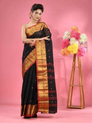 Black Pure Cotton Tant Saree With Zari Border Without Blouse 1
