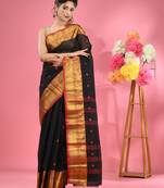 Black Pure Cotton Tant Saree With Zari Border Without Blouse