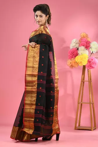 Black Pure Cotton Tant Saree With Zari Border Without Blouse