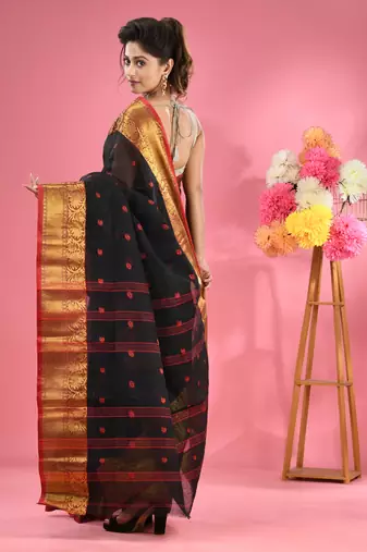 Black Pure Cotton Tant Saree With Zari Border Without Blouse