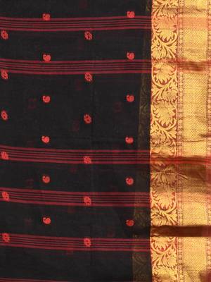Black Pure Cotton Tant Saree With Zari Border Without Blouse 4