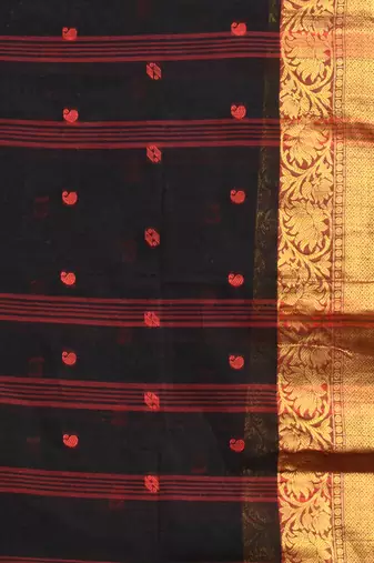 Black Pure Cotton Tant Saree With Zari Border Without Blouse