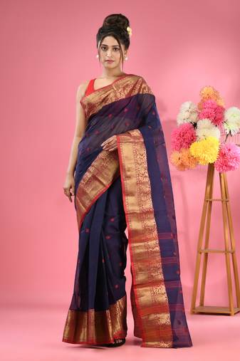 Navy Blue Pure Cotton Tant Saree With Zari Border Without Blouse