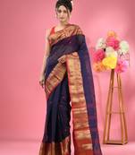 Navy Blue Pure Cotton Tant Saree With Zari Border Without Blouse