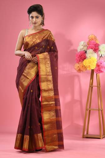 Maroon Pure Cotton Tant Saree With Zari Border Without Blouse