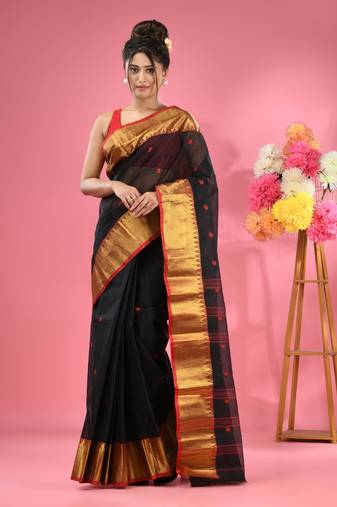 Black Pure Cotton Tant Saree With Zari Border Without Blouse