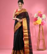 Black Pure Cotton Tant Saree With Zari Border Without Blouse