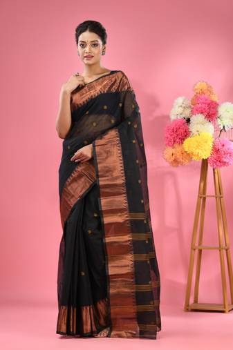 Black Pure Cotton Tant Saree With Zari Border Without Blouse
