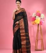 Black Pure Cotton Tant Saree With Zari Border Without Blouse