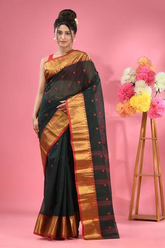 Dark Green Pure Cotton Tant Saree With Zari Border Without Blouse
