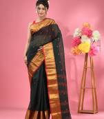 Dark Green Pure Cotton Tant Saree With Zari Border Without Blouse