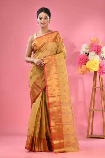 Dark Beige Pure Cotton Tant Saree With Zari Border Without Blouse