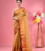 Dark Beige Pure Cotton Tant Saree With Zari Border Without Blouse