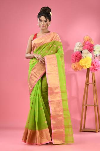 Parrot Green Pure Cotton Tant Saree With Zari Border Without Blouse