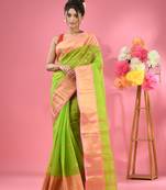 Parrot Green Pure Cotton Tant Saree With Zari Border Without Blouse