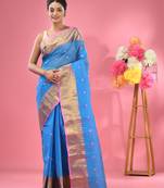 Sky Blue Pure Cotton Tant Saree With Zari Border Without Blouse