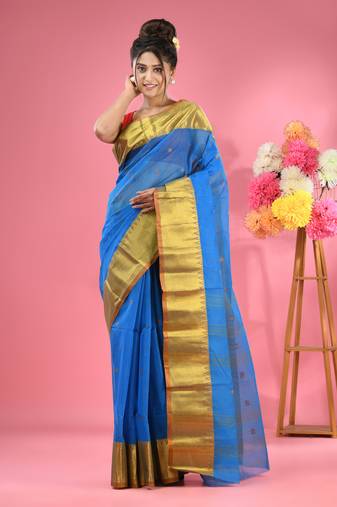 Sapphire Blue Pure Cotton Tant Saree With Zari Border Without Blouse
