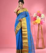 Sapphire Blue Pure Cotton Tant Saree With Zari Border Without Blouse