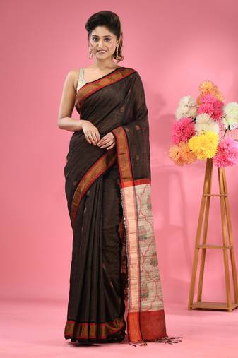 Black cotton blend handwoven saree with jute weaving pallu