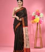 Black cotton blend handwoven saree with jute weaving pallu