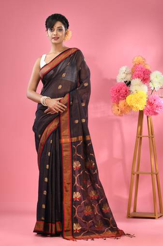 Midnight blue cotton blend handwoven saree with floral motifs
